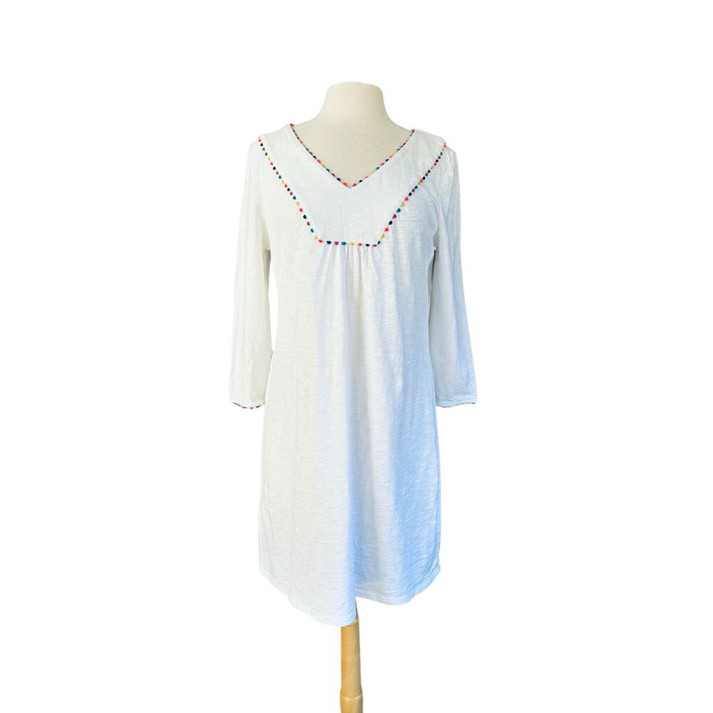 Boden White Long Sleeve V-Neck Dress with Multicolor Trim
